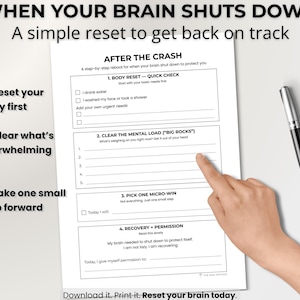 Peut inclure: Une feuille de travail imprimée blanche intitulée "WHEN YOUR BRAIN SHUTS DOWN" avec un guide étape par étape pour se réinitialiser. Une main pointe vers la feuille de travail, avec un stylo argenté à proximité. Le document comprend des sections.