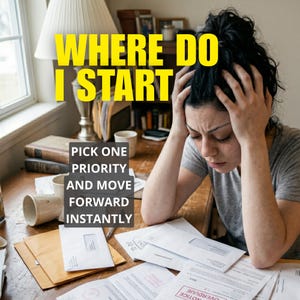 Peut inclure: Une personne avec les mains sur la tête, entourée de factures et de paperasse sur un bureau en bois. Le texte "WHERE DO I START" est en jaune au-dessus. En dessous, le texte dit "PICK ONE PRIORITY AND MOVE FORWARD INSTANTLY".