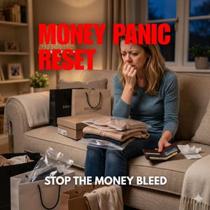 Może przedstawiać: Kobieta siedzi na kanapie, zaniepokojona, otoczona torbami na zakupy i ubraniami. Tekst "MONEY PANIC RESET" w kolorze czerwonym na górze, z "STOP THE MONEY BLEED" na dole. Trzyma portfel i paragony.