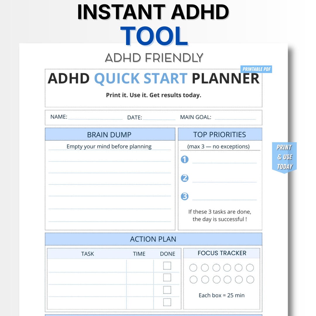 ADHD Printable Planner Instant Download, Daily Productivity Sheet ADHD ...