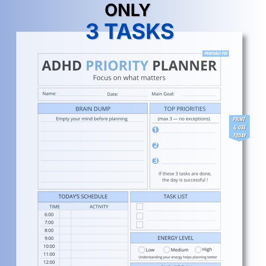 ADHD Priority Planner Printable – Top 3 Tasks Focus Planner, Daily ...