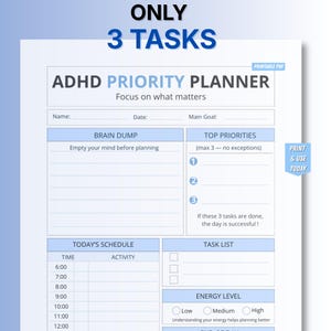 ADHD優先プランナー（印刷可能） – トップ3タスク集中プランナー、日々の生産性向上PDF