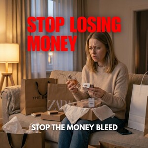 May include: A woman looking concerned while holding a perfume bottle and a box, surrounded by shopping bags and boxes. The text "STOP LOSING MONEY" and "STOP THE MONEY BLEED" are displayed in red.