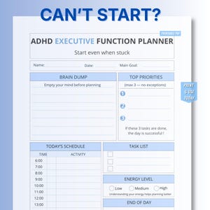 ADHS-Planer für exekutive Funktionen – Aufgabenaufteilung & Fokussierungsblatt zum Ausdrucken, PDF zur täglichen Produktivität