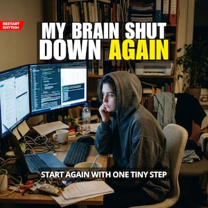 Peut inclure: Une personne portant un sweat à capuche gris est assise à un bureau avec deux écrans d'ordinateur, un ordinateur portable et un clavier. Le texte "MY BRAIN SHUT DOWN AGAIN" est au-dessus de la personne, avec "AGAIN" en jaune. Le texte "START AGAIN WITH ONE TINY STEP" est en dessous.