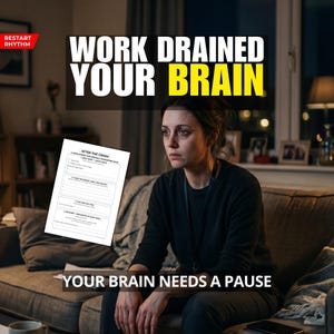 Peut inclure: Une femme fatiguée est assise sur un canapé, avec le texte "WORK DRAINED YOUR BRAIN" et "YOUR BRAIN NEEDS A PAUSE." Une liste de contrôle intitulée "AFTER THE CRASH" est au premier plan. Le logo Restart Rhythm est en haut à gauche.