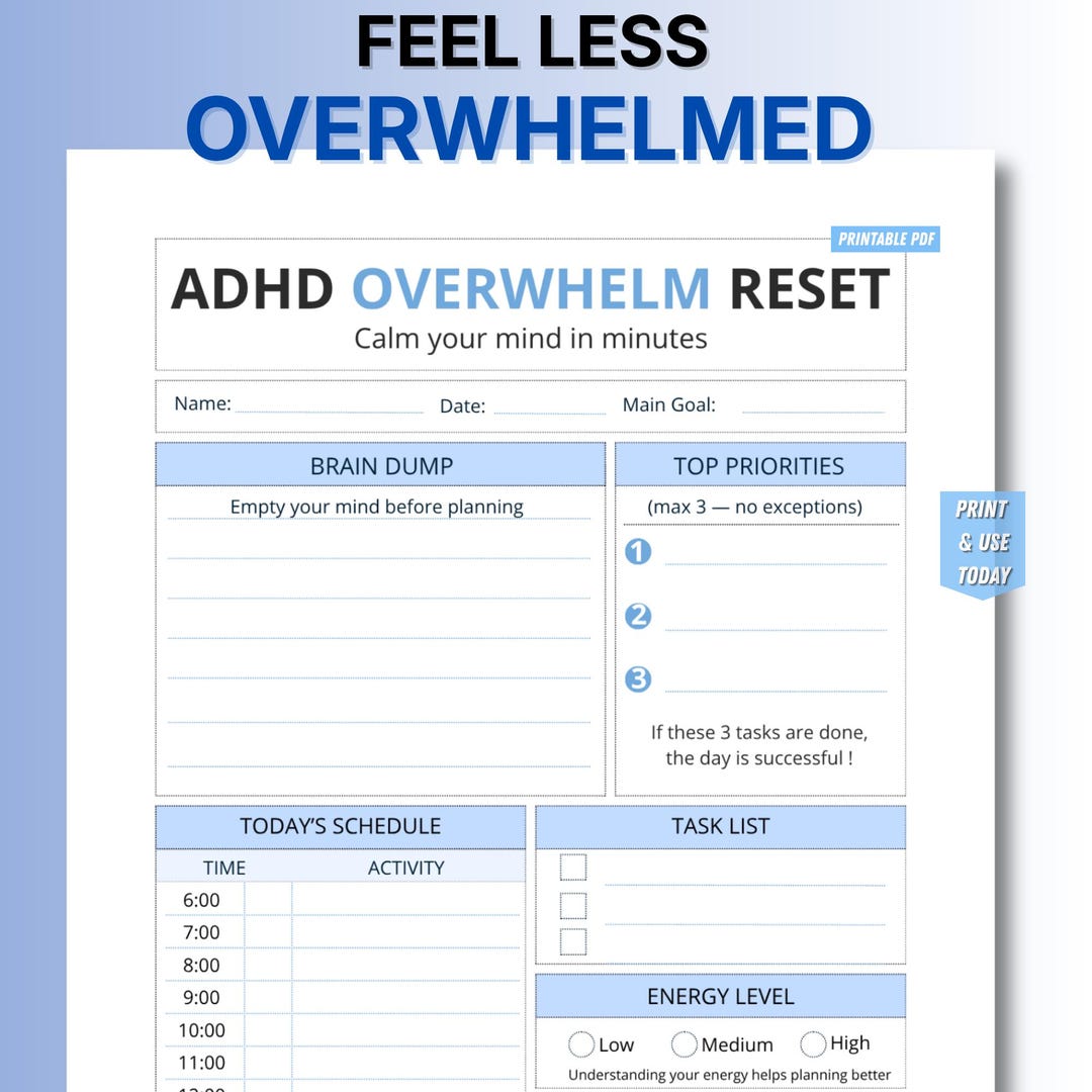 ADHD Overwhelm Planner Printable – Brain Dump Sheet to Reduce Stress ...