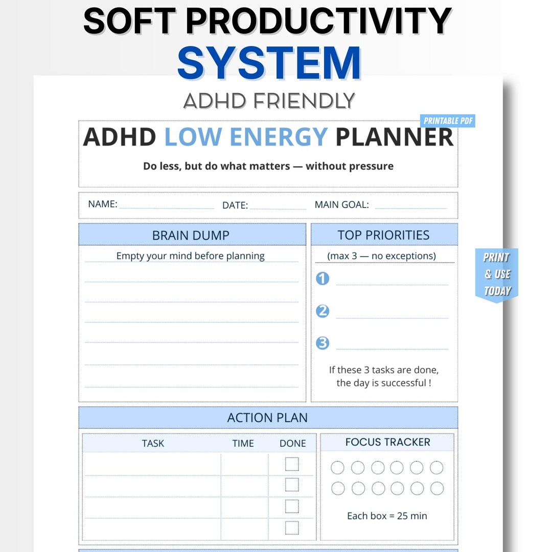 ADHD Burnout Recovery Planner Printable, Gentle Productivity Sheet ADHD ...