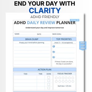 Peut inclure: Un planificateur quotidien ADHD imprimable, avec un design bleu et blanc. Le planificateur comprend des sections pour le "brain dump", les priorités et un plan d'action. Le texte inclut "End Your Day With Clarity" et "ADHD Friendly".