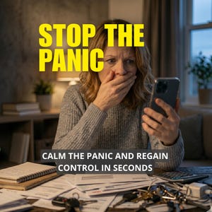 May include: A woman in a grey sweater is looking at a smartphone with a shocked expression, covering her mouth with her hand. The text "STOP THE PANIC" is in yellow above her head, and "CALM THE PANIC AND REGAIN CONTROL IN SECONDS" is below.