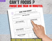 Finish Tasks Fast Printable, ADHD Productivity Tool, One Task Reset, Focus Timer Sheet, Stop Overthinking Planner