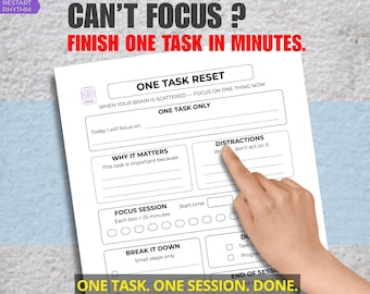 Finish Tasks Fast Printable, ADHD Productivity Tool, One Task Reset, Focus Timer Sheet, Stop Overthinking Planner