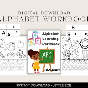 May include: Digital alphabet workbook with pages for learning letters A and S. The workbook includes tracing exercises, illustrations of objects starting with each letter, and the text "Alphabet Learning Workbook". The text "Instant Download - Letter Size" is also visible.