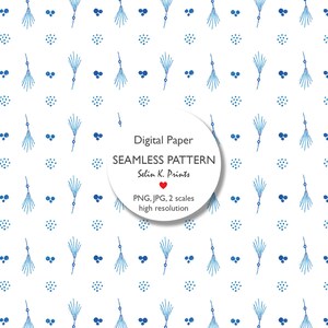 May include: White digital paper featuring a seamless pattern of blue floral and dot designs. The image includes the text "Digital Paper SEAMLESS PATTERN Selin K. Prints PNG, JPG, 2 scales high resolution".