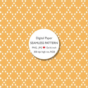 May include: Digital paper seamless pattern with a repeating geometric design of white shapes on a yellow-orange background. The image includes the text "Digital Paper SEAMLESS PATTERN PNG, JPG 12x16 inch 300 dpi high res. RGB".