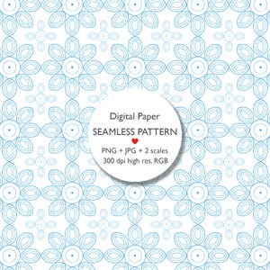 May include: A seamless digital paper pattern featuring a repeating floral design in pale blue on a white backdrop. The image includes the text "Digital Paper SEAMLESS PATTERN" and file format details.