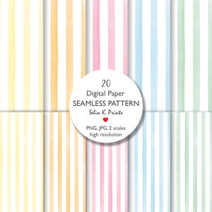 May include: A digital paper set with 20 seamless patterns. The image shows vertical stripes in pastel shades, including yellow, orange, pink, blue, and green. The text on the image says "Digital Paper SEAMLESS PATTERN Selin K. Prints".