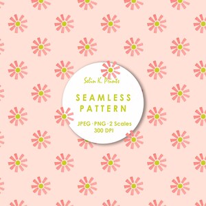 May include: A seamless pattern featuring repeating pink daisy-like flowers with lime green centers on a light pink background. A central white circle displays the text Selin K. Prints, SEAMLESS PATTERN, JPEG PNG 2 Scales, and 300 DPI.