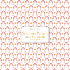 May include: A seamless pattern featuring repeating pink and light pink rainbow arches interspersed with small mustard yellow dots on a white background. A white rectangular label displays the text Selin K. Prints Seamless Pattern JPG - 2 Sizes - 300 DPI 12x16 inch.