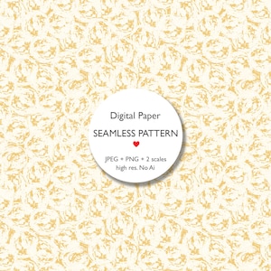 May include: Digital paper featuring a seamless pattern of cream-coloured, textured floral shapes on a light beige background. The image includes a white circle with the text "Digital Paper SEAMLESS PATTERN" and other details.