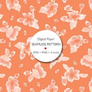 May include: A seamless digital paper design featuring a repeating floral pattern in peach and white on an orange backdrop. A white circle in the centre displays the text "Digital Paper SEAMLESS PATTERN". The image also includes "JPEG + PNG + 3 scales".