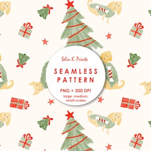 May include: A seamless pattern featuring watercolor illustrations of dogs wearing green sweaters, Christmas trees with red garlands, red-bowed gift boxes, green bells, and red stars on a cream background. Text reads Selin K. Prints SEAMLESS PATTERN PNG + 300 DPI large, medium, small scales.