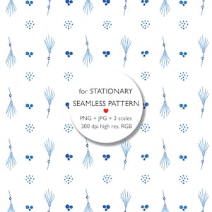 May include: White background with a repeating pattern of blue stylized brooms and small clusters of blue dots. The image includes the text "for STATIONARY SEAMLESS PATTERN".
