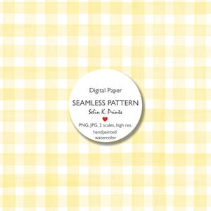 May include: A digital paper design featuring a seamless pattern of yellow and white gingham checks. A white circular graphic displays the text "Digital Paper SEAMLESS PATTERN Selin K. Prints" with additional details about the file format and style.