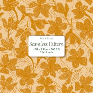 May include: A seamless pattern featuring mustard yellow hand-drawn flowers on a light beige background. A white rectangular label in the centre displays the text: Selin K. Prints, Seamless Pattern, JPG - 2 Sizes - 300 DPI, 30.48x30.48 cm.