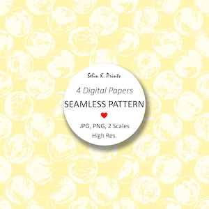 May include: A seamless pattern of white textured circles on a pale yellow background. A circular white label in the center displays the text: Selin K. Prints, 4 Digital Papers, SEAMLESS PATTERN, a red heart icon, JPG, PNG, 2 Scales, High Res.