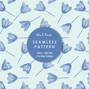 May include: A seamless pattern featuring hand-drawn blue tulip illustrations on a light blue background. A central blue circle contains the text: Selin K. Prints, SEAMLESS PATTERN, PNG + 300 DPI, 3 Scales Design, overlaying the floral motif.