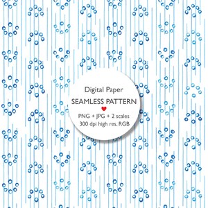 May include: A digital seamless pattern with a repeating design of blue watercolor circles and vertical lines on a white background. The image includes the text "Digital Paper SEAMLESS PATTERN".