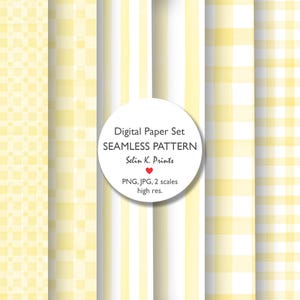 May include: A digital paper set with four seamless patterns in yellow and white. The patterns include squares, stripes, and a gingham design. A white circle in the center displays the text "Digital Paper Set SEAMLESS PATTERN Selin K. Prints".