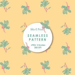 Könnte beinhalten: Ein nahtloses Muster mit türkisfarbenen Blumenillustrationen und rosa Stielen auf hellgelbem Hintergrund. Ein weißer Kreis in der Mitte enthält den Text Selin K. Prints, SEAMLESS PATTERN, JPEG, 3 Scales, 300 DPI in türkiser Schrift.