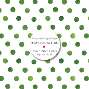 May include: White background with a repeating pattern of green watercolor polka dots. A circular graphic in the upper right corner reads "Watercolor Digital Paper SEAMLESS PATTERN" with additional text about file types and resolution.