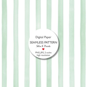May include: A digital paper seamless pattern featuring vertical light mint green watercolor stripes on a white background. A circular white overlay contains the text: Digital Paper, SEAMLESS PATTERN, Selin K. Prints, PNG, JPG, 2 scales, high resolution.