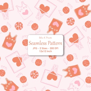 Papier numérique sans couture rose clair pour le basket-ball, coeurs sur des maillots, balles avec des ailes, cerceau, motif en tissu, design d'arrière-plan JPG à télécharger
