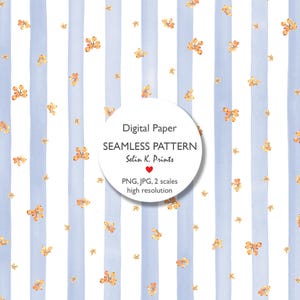 May include: Digital paper seamless pattern with vertical light blue stripes and scattered gold floral accents. The design includes the text "Digital Paper SEAMLESS PATTERN Selin K. Prints" in a white circle. The pattern is available in PNG and JPG formats.
