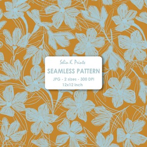 Könnte beinhalten: Ein nahtloses Muster mit hellblauen, handgezeichneten Blumenumrissen auf senfgelbem Hintergrund. Ein weißes rechteckiges Etikett in der Mitte zeigt den Text: Selin K. Prints, SEAMLESS PATTERN, JPG - 2 sizes - 300 DPI, 12x12 inch.