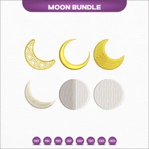 Op de afbeelding: Een verzameling geborduurde maanontwerpen in verschillende stijlen. De ontwerpen omvatten halve manen in goud en wit, en twee cirkelvormige ontwerpen. De tekst "MOON BUNDLE" staat bovenaan.