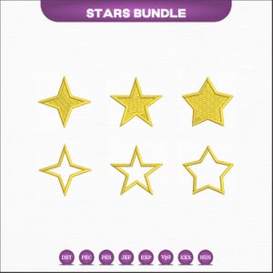 May include: A collection of six gold star designs. The stars are in various styles, including filled and outlined versions. The image has the text "STARS BUNDLE" at the top. Below the stars are file type icons.