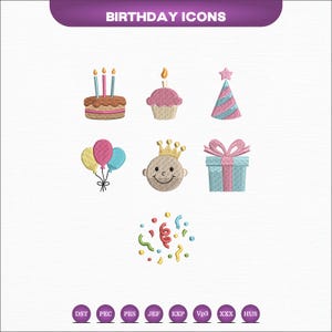 Puede incluir: Una colección de siete iconos de cumpleaños bordados que incluyen un pastel con tres velas, un cupcake, un gorro de fiesta, tres globos, una cara sonriente con corona, una caja de regalo con lazo y confeti de colores. El texto BIRTHDAY ICONS está arriba.