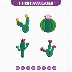 May include: Four embroidered cactus designs in shades of green, yellow, and red. The designs include a variety of cactus shapes, each with detailed stitching. The text "3 SIZES AVAILABLE" is at the top of the image.