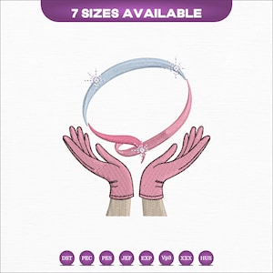 May include: An embroidered design featuring a necklace with a blue and pink color scheme, held by pink gloved hands. The design includes sparkling accents and the text "7 SIZES AVAILABLE" at the top. Embroidery file formats are listed at the bottom.