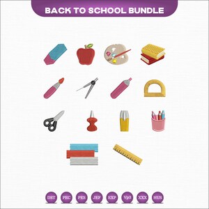 May include: An embroidered "Back to School Bundle" design featuring school supplies. Includes a pencil, apple, paint palette, books, paintbrush, compass, marker, protractor, scissors, push pin, glue, pencil holder, and ruler.