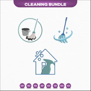 Może przedstawiać: Haftowany wzór z ikonami sprzątania. Górny baner głosi "CLEANING BUNDLE". Obraz zawiera wiadro i mop w okręgu, mop z iskierkami oraz dom z butelką z rozpylaczem.