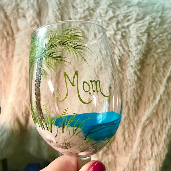 Palm trees beach wine glass hand painted formom and other personalized gifts for friends and family free fast shipping