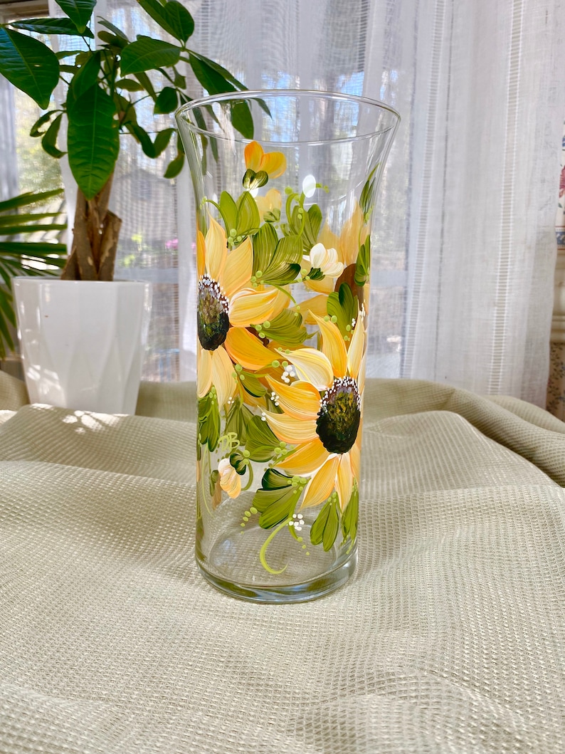 Hand painted tall sunflower vase personalizable for birthdays Etsy