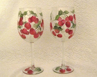 Free shipping Cherries hand painted on set of two wine glasses