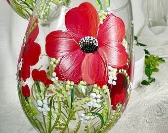 Pretty poppy tall wine glass personalizable gift love poppies wedding hostess birthday retirement free fast shipping